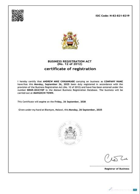 Download Malawi certificate of registration Word and PDF template Photoshop template